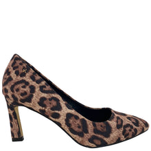 A single women's high-heeled pump in a brown and black leopard print pattern, shown from a side profile against a plain white background.