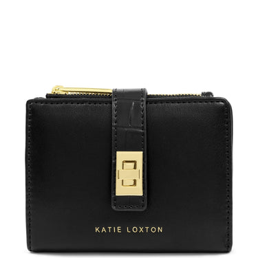 A black leather wallet by Katie Loxton with a gold-tone metal clasp and zipper pull, shown on a plain white background.