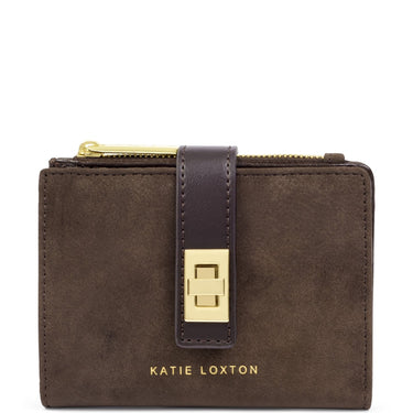 A Katie Loxton brown suede zip-around wallet with a dark brown leather strap and gold-tone hardware, shown on a plain white background.