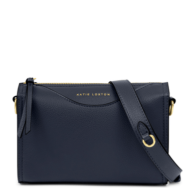 Navy blue handbag with a visible brand name on a white background