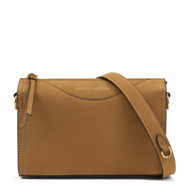 Brown handbag with gold accents on a white background