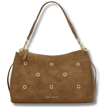 brown suede katie loxton bag with gold eyelets