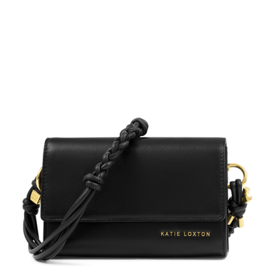 Black handbag with braided strap and 'Katie Loxton' branding on a white background