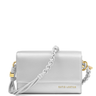 Silver handbag with a chain strap on a white background