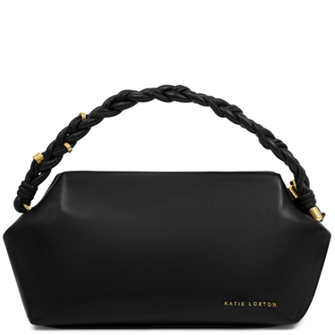 Black handbag with braided handle on a white background
