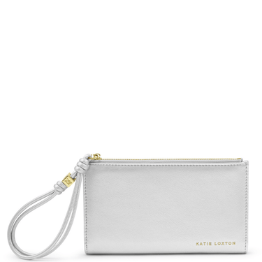 Silver clutch bag with a strap on a white background