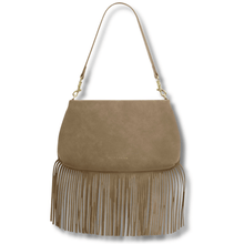 brown bag with shoulder strap ad fringe detail