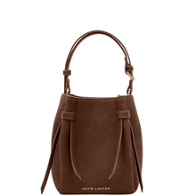 Brown handbag with drawstring detail on a white background