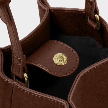 Close-up of a brown leather handbag with a gold button detail.