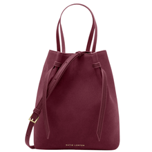 Maroon handbag with drawstring closure on a white background