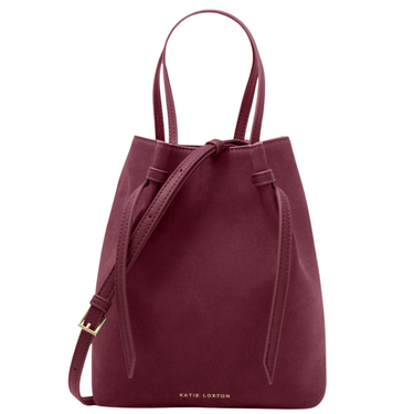 Maroon handbag with drawstring closure on a white background