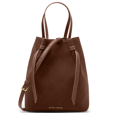 Brown suede handbag with drawstring on a white background