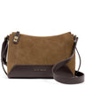 A Katie Lorton crossbody bag in brown suede and dark brown leather, featuring a gold-tone logo on the front and a matching leather strap, set against a plain white background.