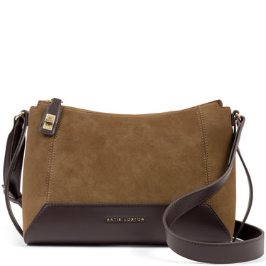 A Katie Lorton crossbody bag in brown suede and dark brown leather, featuring a gold-tone logo on the front and a matching leather strap, set against a plain white background.