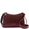 A Katie Loxton crossbody bag in a deep burgundy colour, featuring a suede upper section, a smooth leather lower panel with gold-tone 'KATIE LOXTON' branding, and a matching burgundy strap, set against a plain white background.