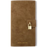 A Katie Loxton brown suede wallet with a gold padlock closure and gold foil branding on the front, set against a plain white background.
