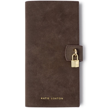 A dark brown leather wallet with a strap closure and a small gold padlock detail, featuring the brand name 'KATIE LOXTON' in gold lettering at the bottom.