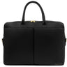 A black pebbled leather briefcase with dual top handles, gold-tone hardware, and a small gold 'Katie Costan' logo on the bottom right corner, shown against a plain white background.