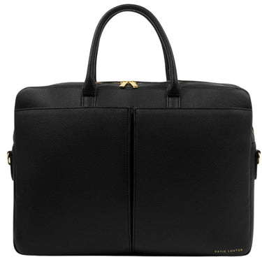 A black pebbled leather briefcase with dual top handles, gold-tone hardware, and a small gold 'Katie Costan' logo on the bottom right corner, shown against a plain white background.
