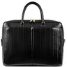 A black leather briefcase with a crocodile-embossed texture, featuring dual top handles, a front zipper, and gold-tone hardware, including a small 'Katie Joyson' logo on the bottom right corner.