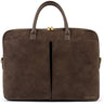 A dark brown suede briefcase with dual top handles, gold-tone hardware, and a small 'Katie LONDON' logo on the bottom right corner, set against a plain white background.