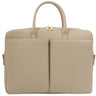 A structured beige leather briefcase with dual top handles, gold-tone hardware, and a clean white background.