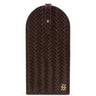 A dark brown leather luggage tag featuring a woven basketweave texture, a top hanging loop, and a small gold-tone logo emblem on the bottom right.