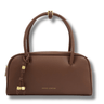 Brown handbag with gold accents on a white background