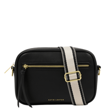 Black camera bag with a striped strap and gold zipper, featuring the brand 'Katie Loxton'.