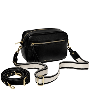 Black leather camera bag with a detachable strap on a white background