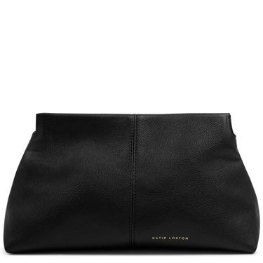 Black clutch bag with 'Katie Loxton' branding on a white background