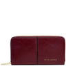 Red leather wallet with gold zipper and 'Katie Loxton' branding on a white background