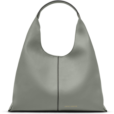 Gray handbag with a visible brand name on a white background