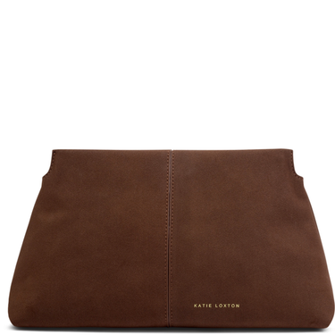Brown leather clutch bag with 'Katie Loxton' branding on a white background