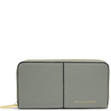 Gray wallet with gold zipper and 'Katie Loxton' branding on a white background