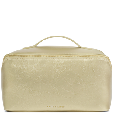 Beige cosmetic bag with handle on a white background
