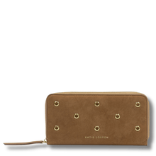brown suede purse with gold eyelets
