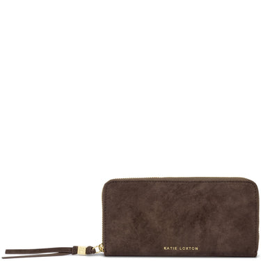 A dark brown suede zip-around wallet with a gold-tone logo and zipper pull, shown on a plain white background.