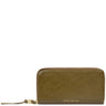 An olive green leather zip-around wallet with gold hardware and 'KATIE LOXTON' printed in gold on the front, set against a plain white background.