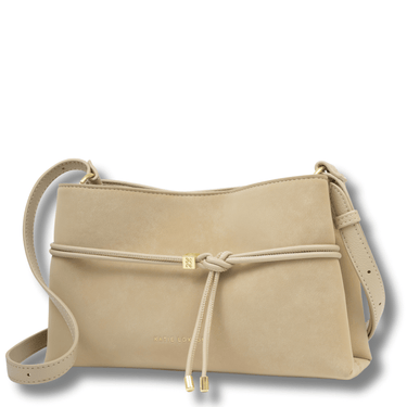 Beige handbag with drawstring detail on a white background