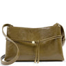An olive green faux-leather crossbody bag by Katie Lodi, featuring a front zip closure, a drawstring detail with gold-toned hardware, and a matching shoulder strap, shown against a plain white background.