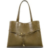 An olive green faux-leather tote bag with dual shoulder straps, a wrap-around front strap tied in a bow, and a small gold-toned brand plaque at the bottom center.
