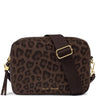 A Katie Loxton leopard print crossbody bag in dark brown with a matching brown strap and gold-tone hardware, shown on a plain white background.