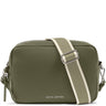 An olive green pebbled leather crossbody bag by Katie Loxton, featuring a wide adjustable shoulder strap with cream stripes and silver hardware, set against a plain white background.
