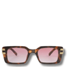 Sunglasses with tortoiseshell frame and pink lenses on a white background