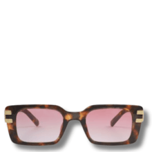 Sunglasses with tortoiseshell frame and pink lenses on a white background