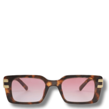 Sunglasses with tortoiseshell frame and pink lenses on a white background