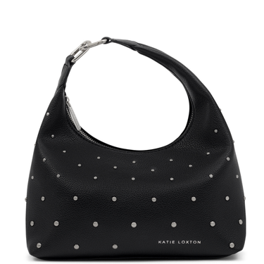 Black handbag with silver studs on a white background