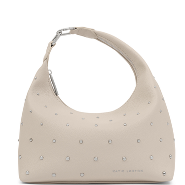 Beige handbag with rhinestone embellishments on a white background