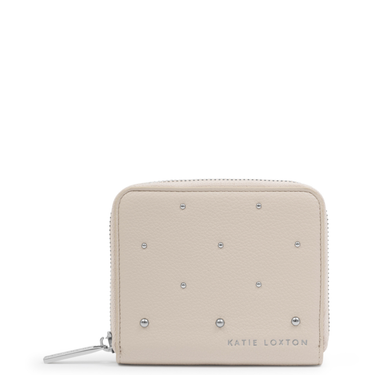 Beige wallet with gemstone embellishments on a white background, featuring the brand 'Katie Loxton'.